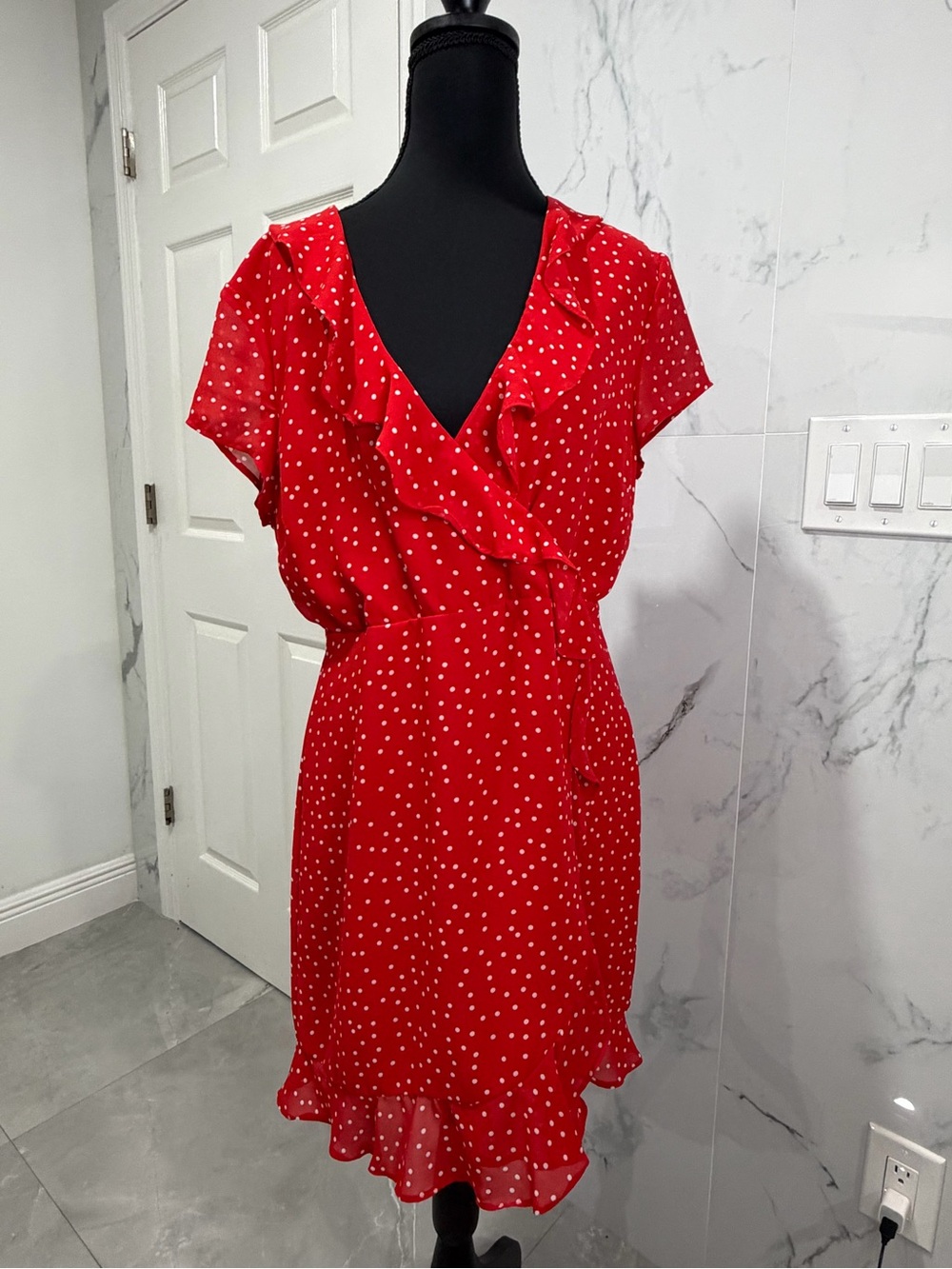 Red Polka Dot Ruffle Wrap Dress - Picture 5 of 11
